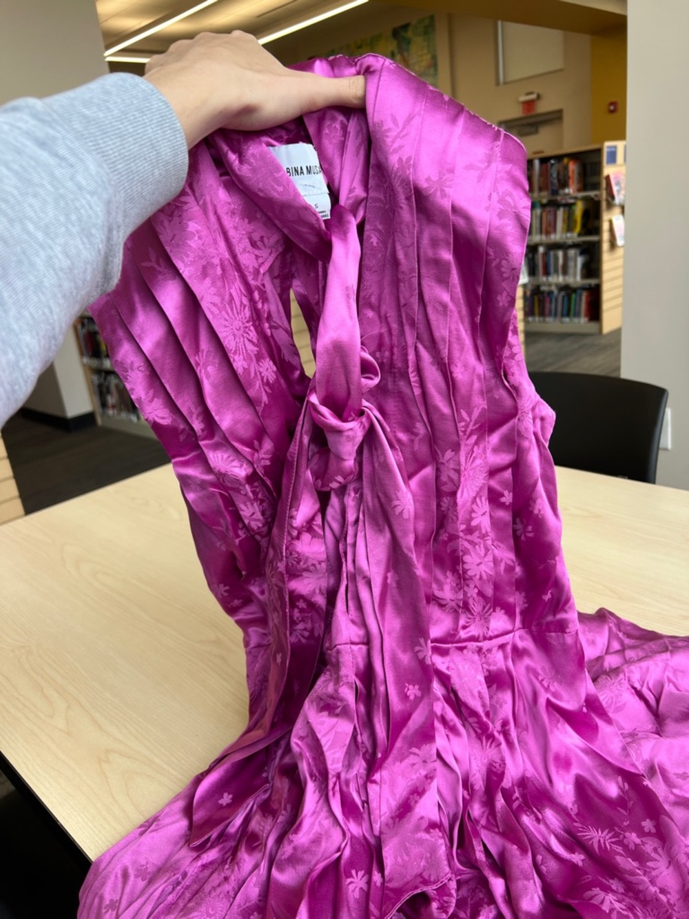 SABINA MUSAYEV fuchsia satin jacquard floral print neck bow sleeveless dress S - Picture 2 of 16